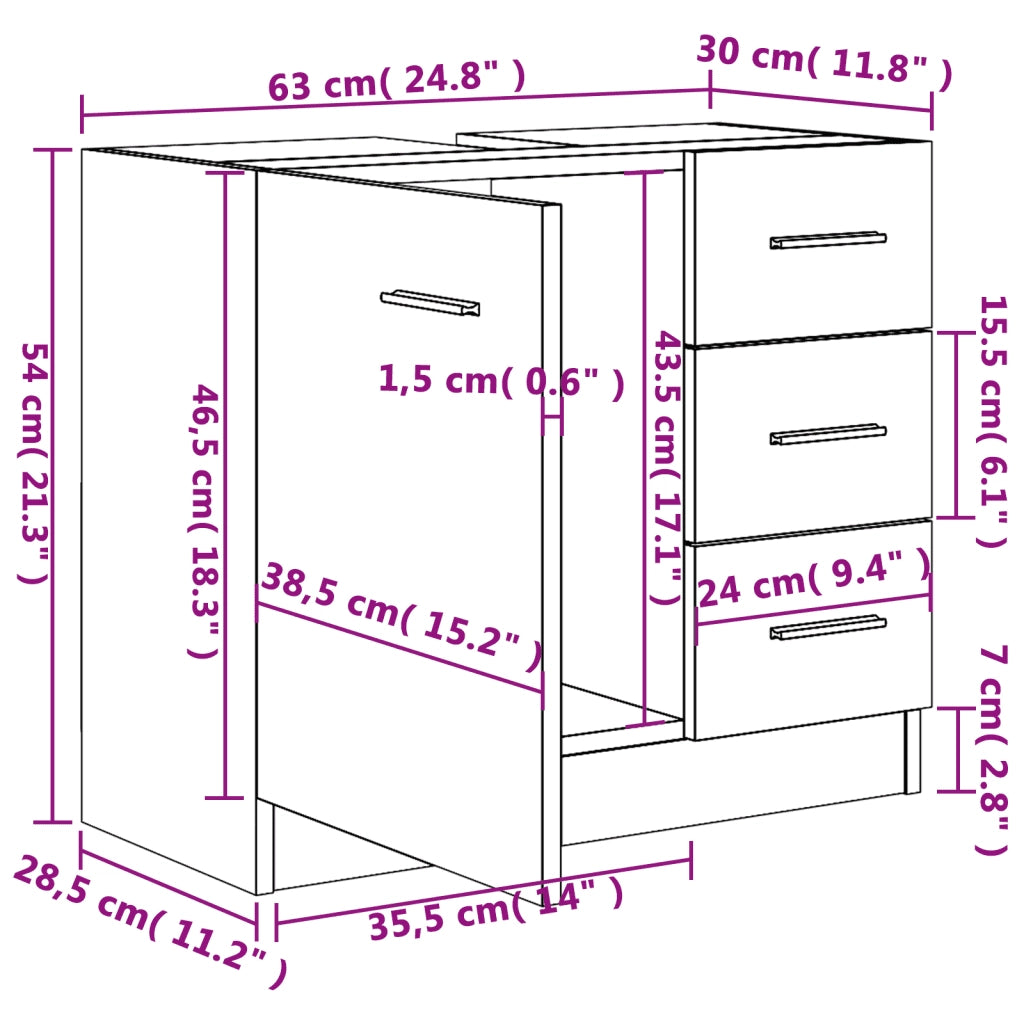 Mobiletto sottolavabo in rovere affumicato 63 x 30 x 54 cm ampio spazio contenitivo superficie liscia moderna legno composito finitura rovere affumicato 02_0048224