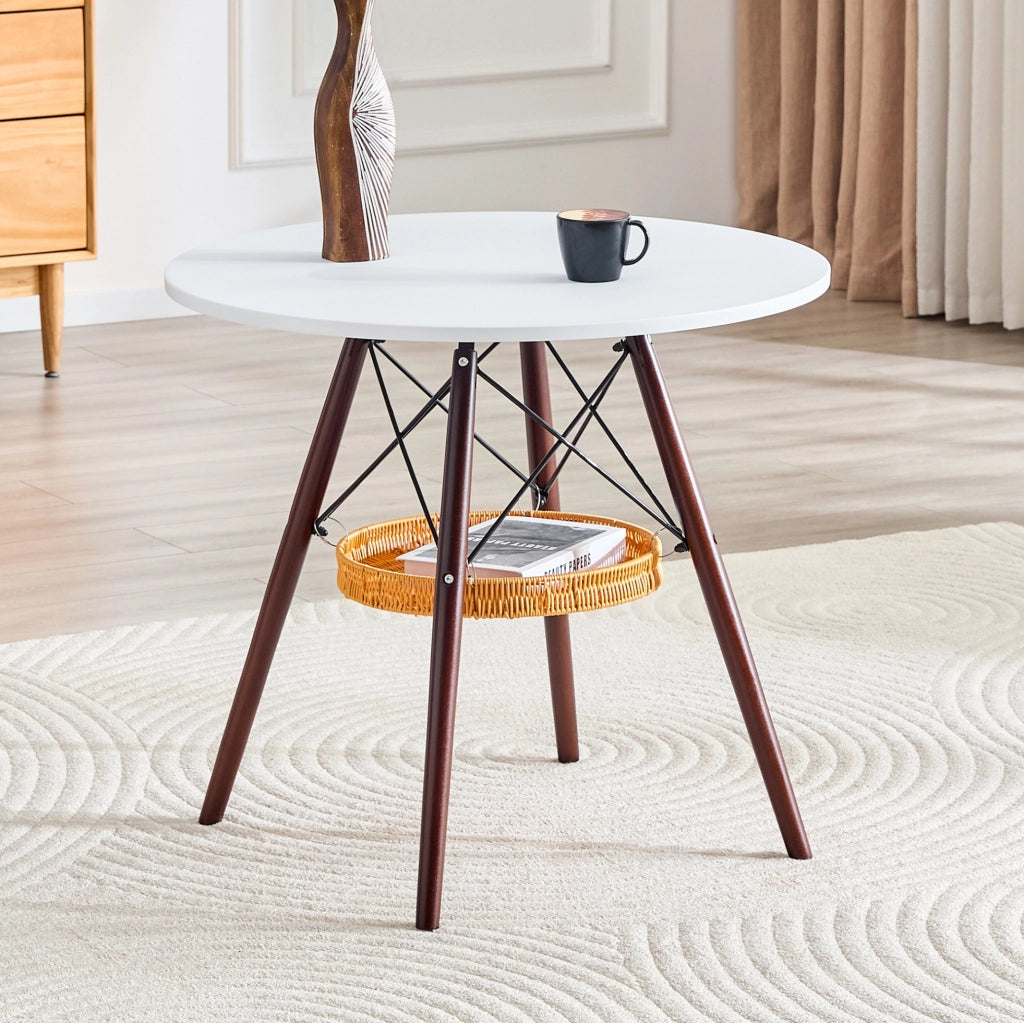 Tavolo da pranzo rotondo ULEVR ?80 cm con cestino sospeso, piano MDF bianco e gambe in legno massello noce