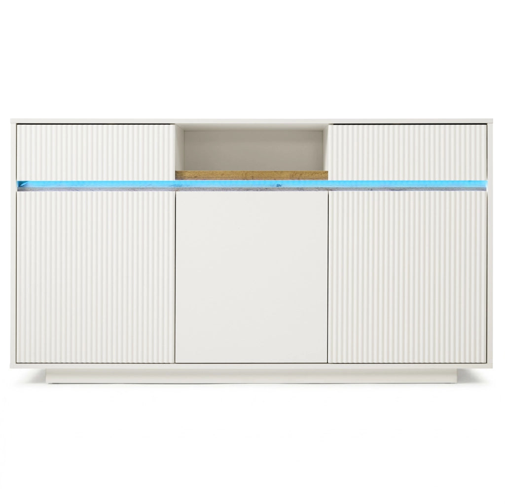 Sideboard LED bianco 140x40x85 cm con 2 cassetti e ripiani regolabili