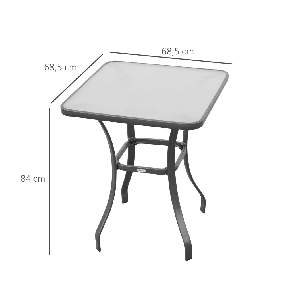 Tavolo Bistro Quadrato da Giardino 68L x 68l x 84H cm in Metallo Grigio con Piano in Vetro Temperato Robusto