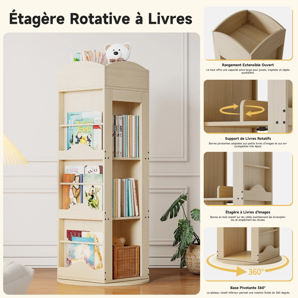 Libreria girevole a 360° con 4 ripiani e vani laterali in MDF naturale 142 × 63 × 63 cm