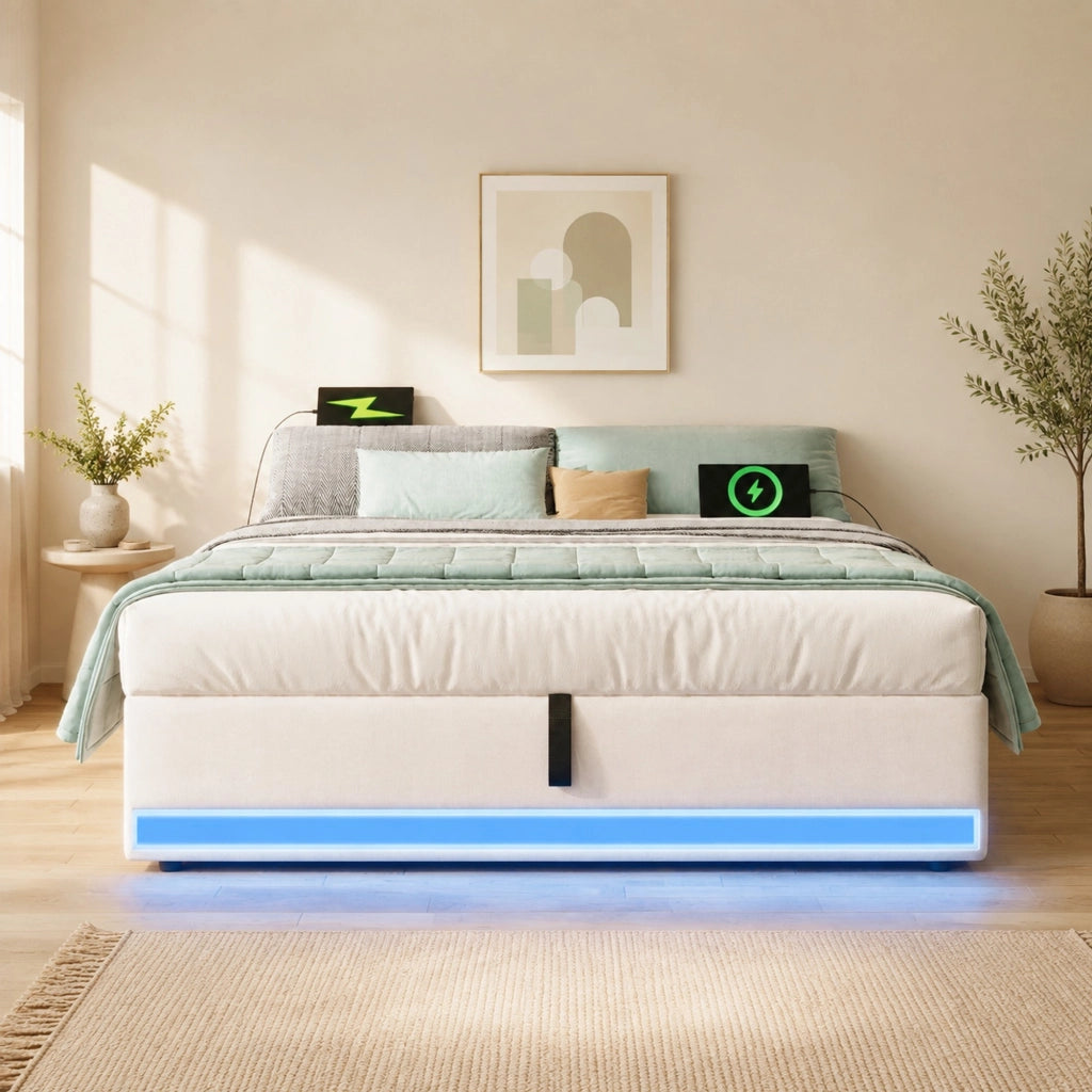 Letto imbottito 140x200 cm senza testiera con LED, USB e Type-C, contenitore idraulico, beige