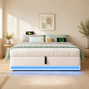 Letto imbottito 140x200 cm senza testiera con LED, USB e Type-C, contenitore idraulico, beige