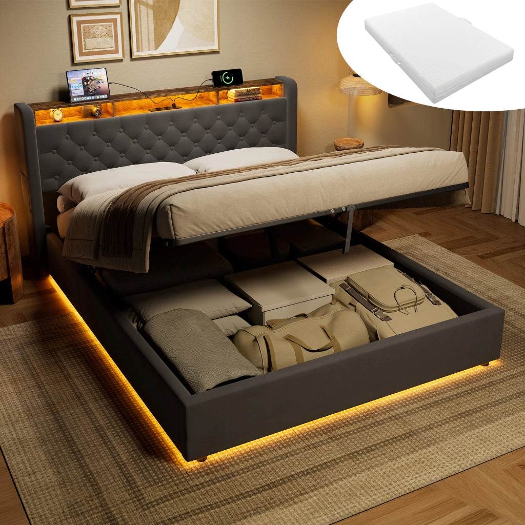 Letto contenitore matrimoniale 180x200 cm;LED;vano contenitore;presa elettrica;testiera reclinabile;base imbottita;grigio scuro;materasso escluso