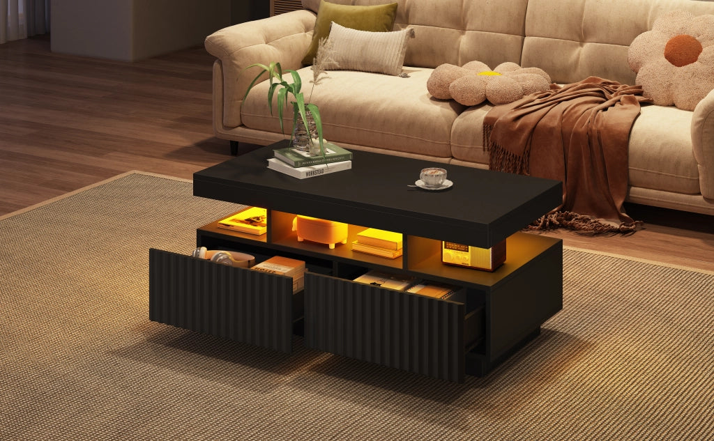 Tavolino da salotto nero 100x50x45 cm con due cassetti e LED