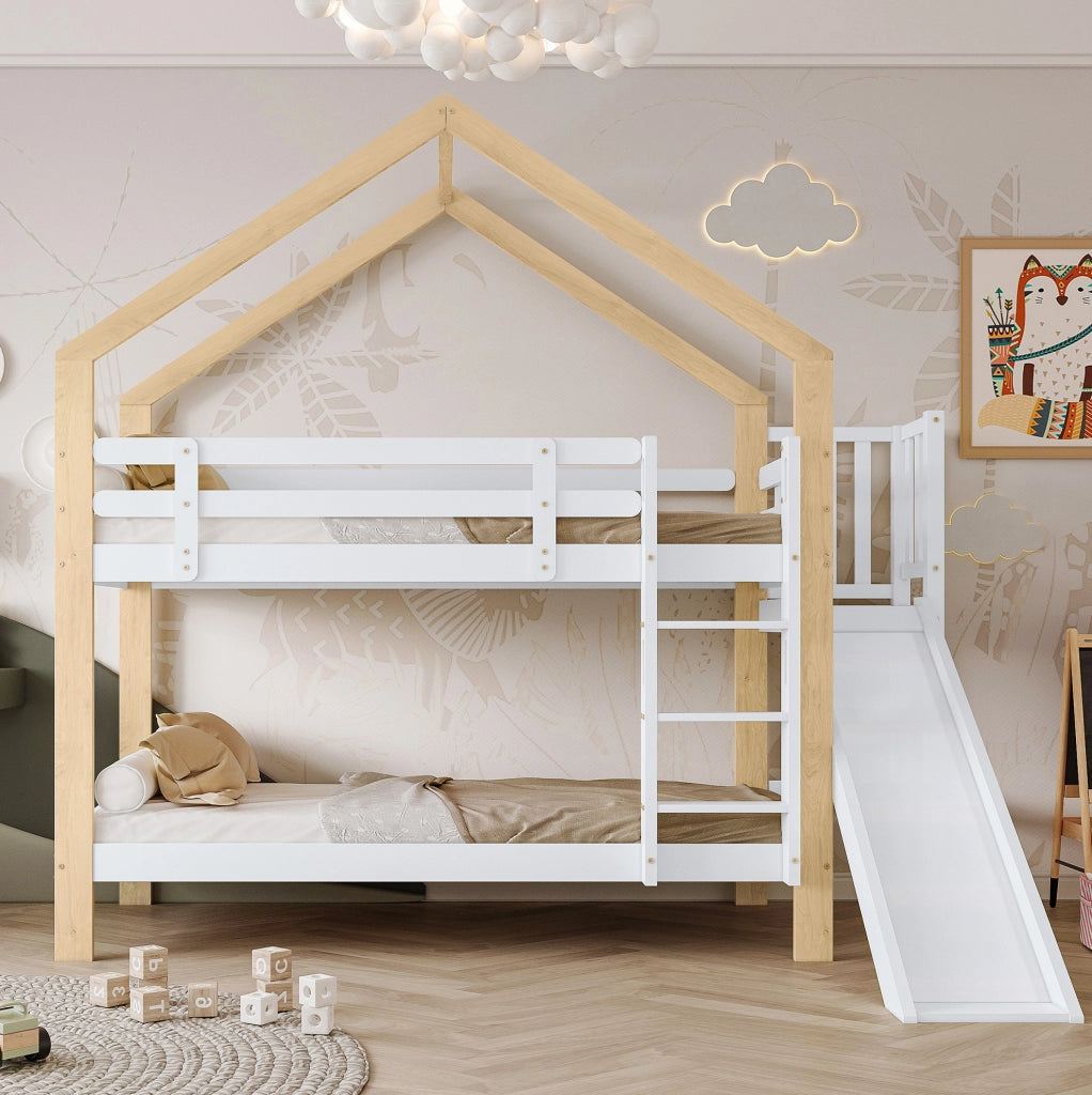 Letto a castello a casetta 90x200 cm con scivolo, scala e protezioni