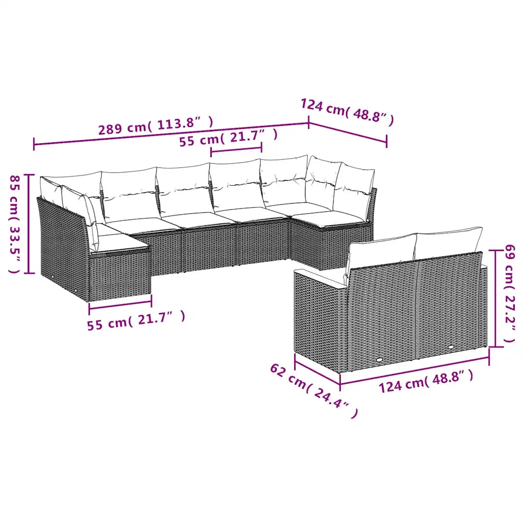 Set Divani da Giardino 9 pz con Cuscini Nero in Polyrattan 3226288