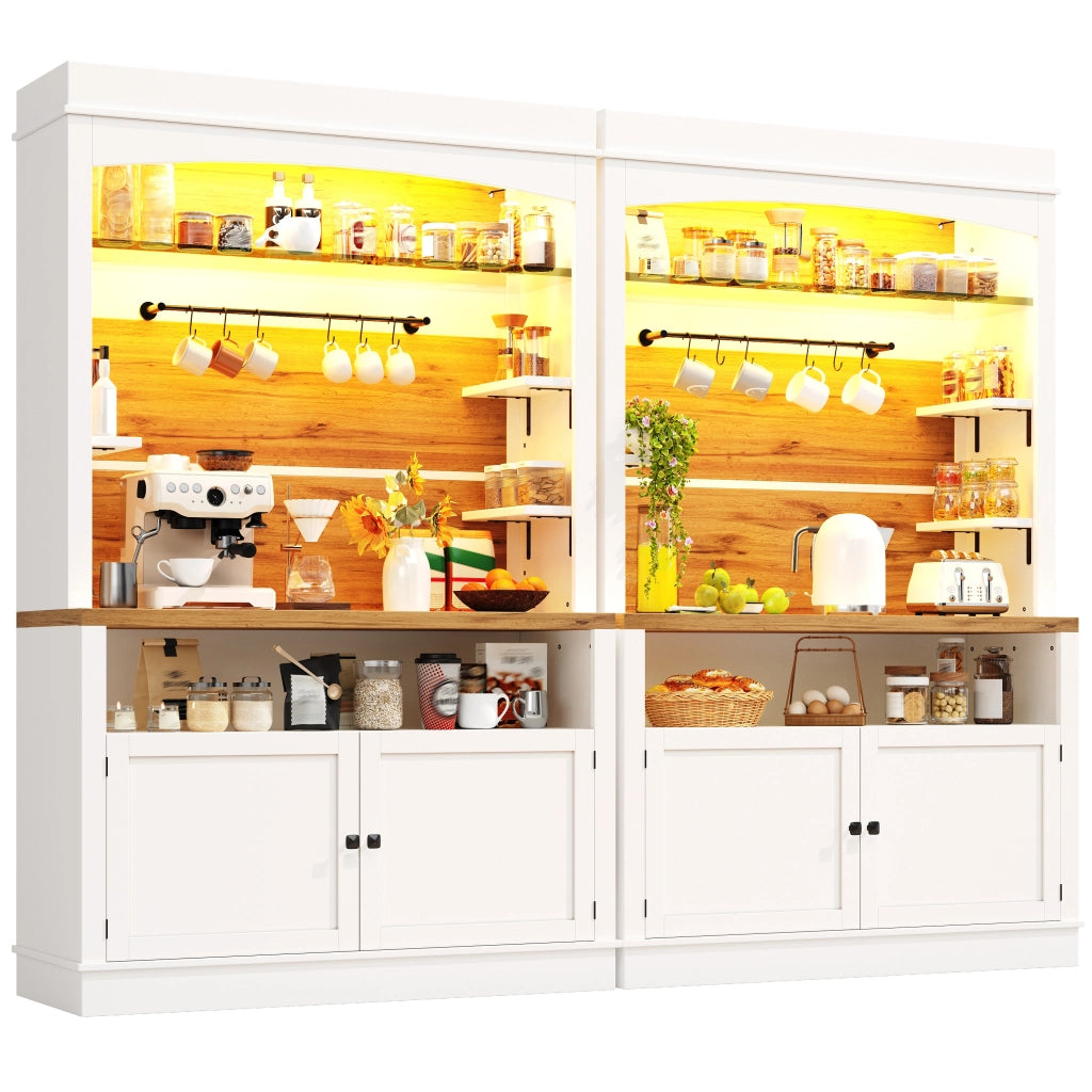 Credenza da cucina alta, set di 2 con LED RGB, 6 ganci e dispositivo antiribaltamento, MDF bianco, 107 × 34 × 184 cm