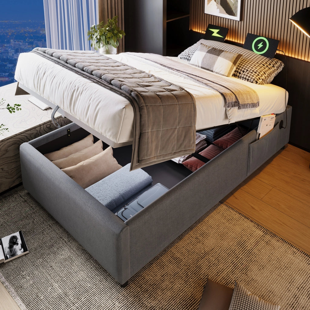 Letto contenitore 90 × 190 cm con USB e Type-C senza testiera in cotone e lino grigio
