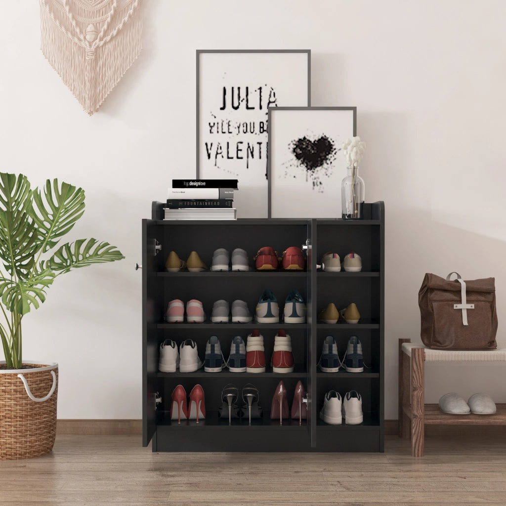 EasyComfort Scarpiera Ingresso con 4 Ripiani Aperti, Scarpiera Armadio Multiuso con Armadietto a 2 Ante e Ripiani Regolabili, Porta Scarpe Salvaspazio per 12 Paia, 83x30x90 cm, Nero