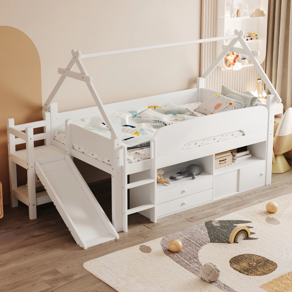 letto bambini massello legno mdf bianco 252.5 x 118 cm