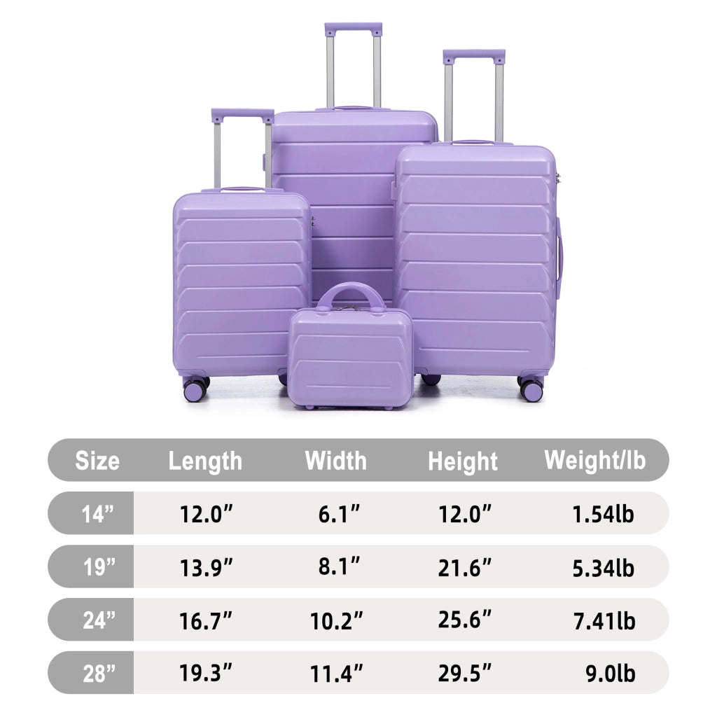 Set di valigie rigide 4 pezzi in ABS blu e viola; spinner; lucchetto a combinazione e beauty case da 14 pollici
