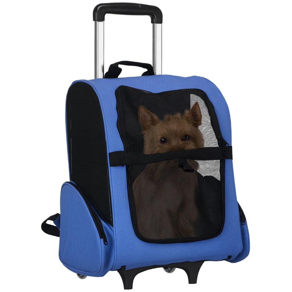 Trasportino Zaino 2 in 1 per Cani e Gatti, Blu, Tessuto Oxford Resistente, Maniglia Telescopica, Ruote e Tasche, 42x25x55cm, Pratico