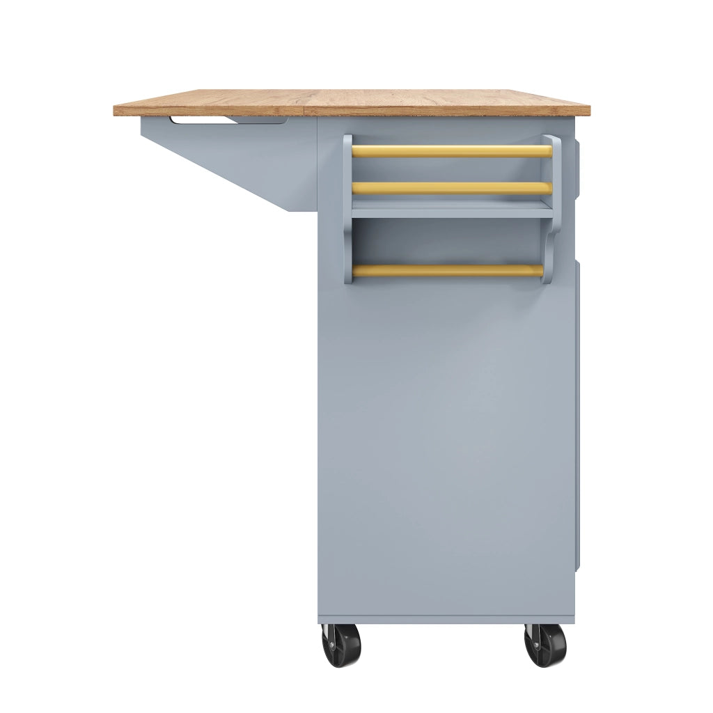 Isola da cucina con piano ribaltabile; ripiani regolabili in 3 altezze; cassetti e ripiano laterale in MDF blu
