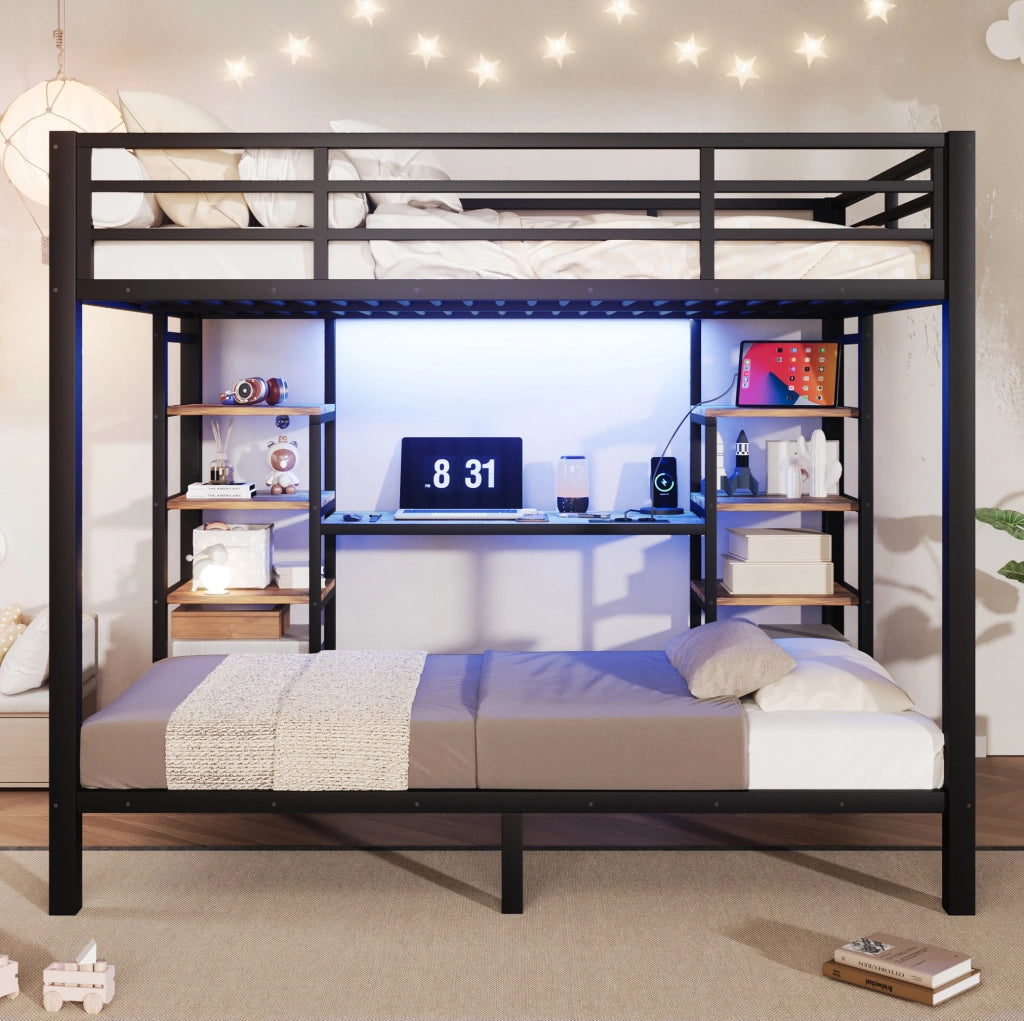 Letto a castello nero con LED, prese di ricarica e ripiani