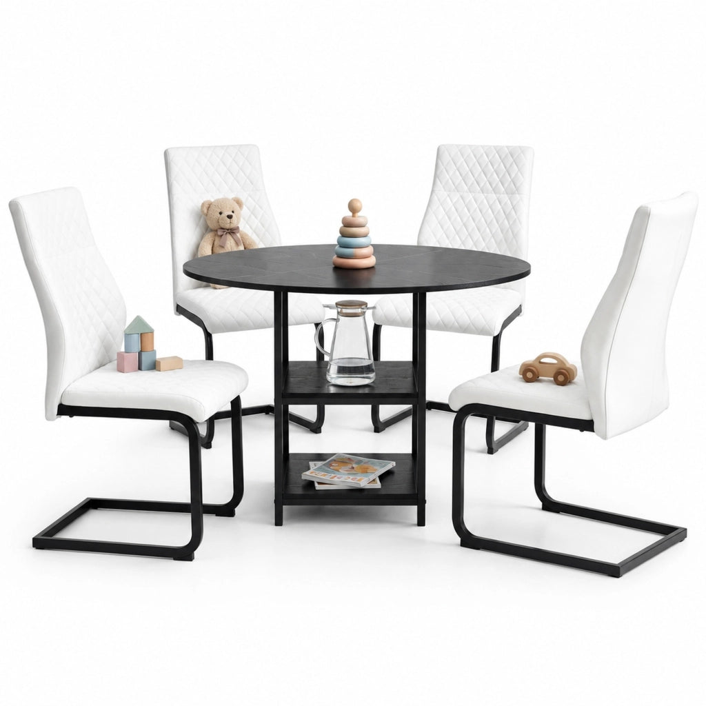 Set pranzo rotondo 107x107x75 cm MDF/metallo nero/bianco, 4 posti