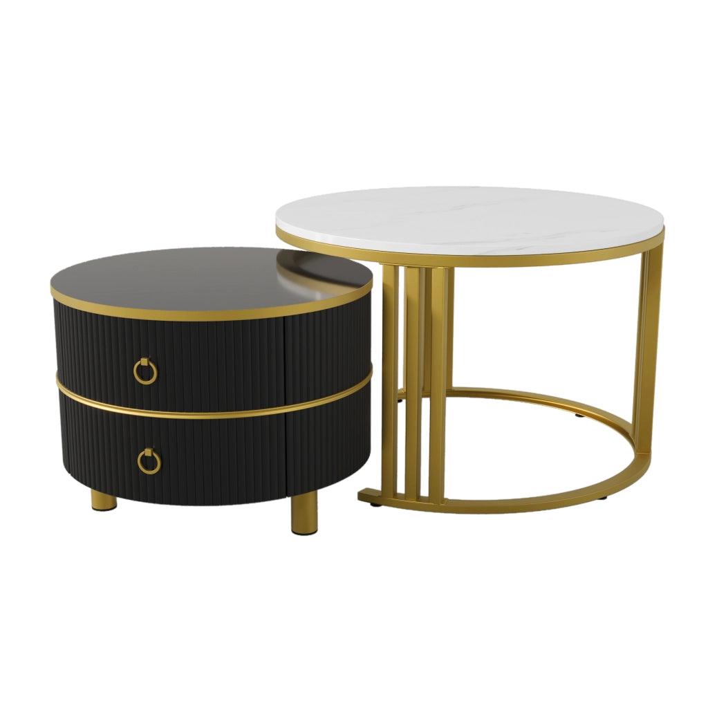 Tavolini da salotto impilabili rotondi con 2 cassetti e piano effetto marmo lucido, in MDF e metallo, nero e oro