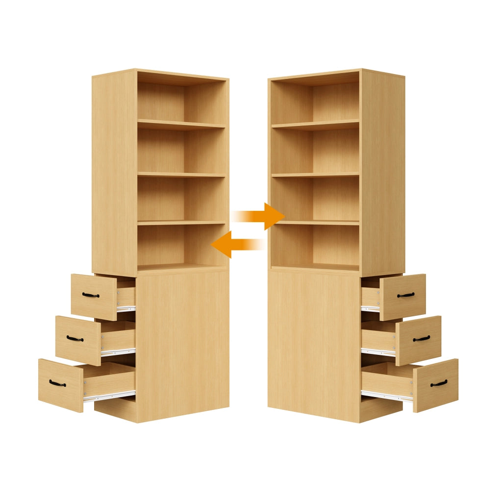Libreria stretta per piccoli spazi in truciolare; 180 cm; 3 cassetti laterali; ripiani regolabili