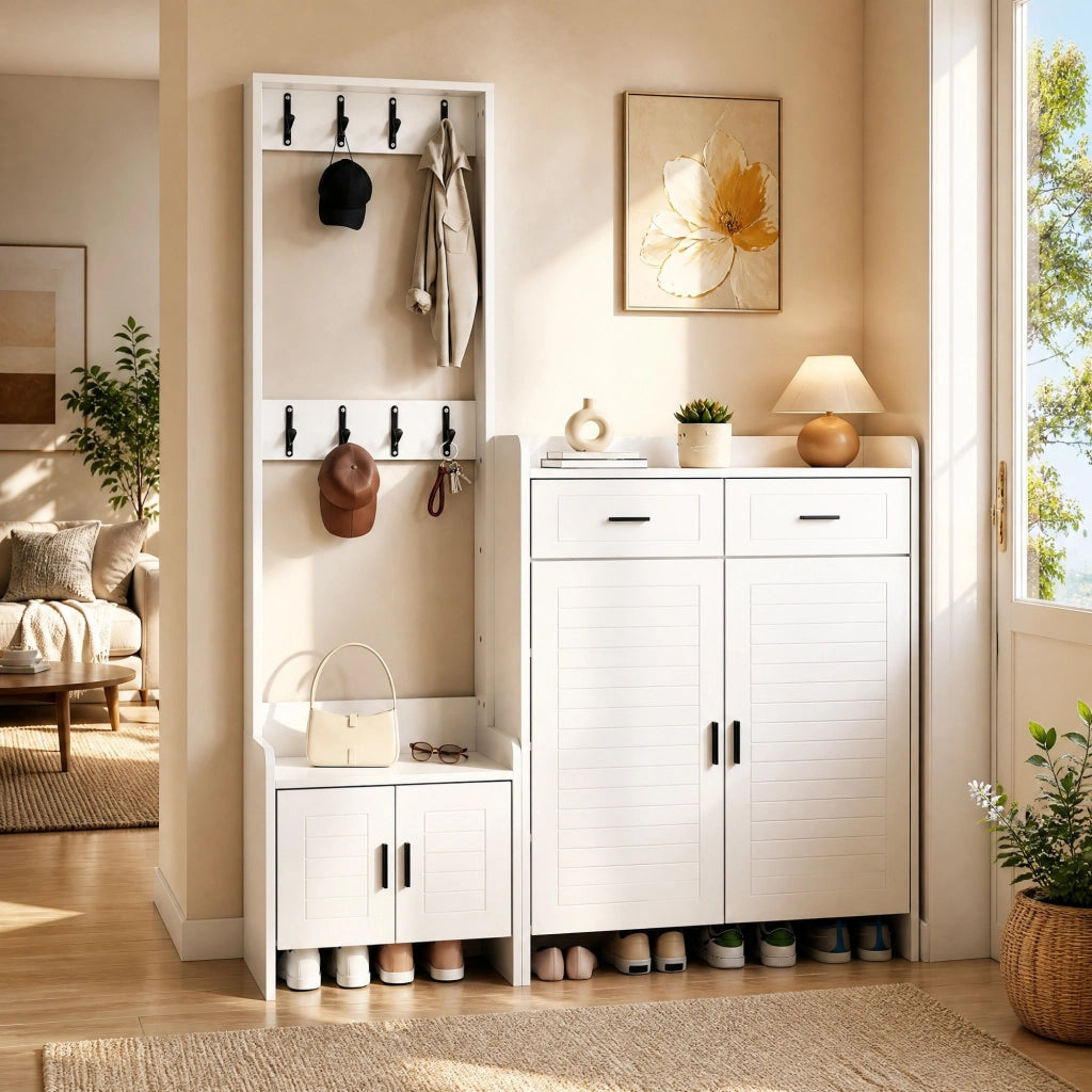 Mobile ingresso con appendiabiti e scarpiera 125x36x165 cm bianco HOMVRA