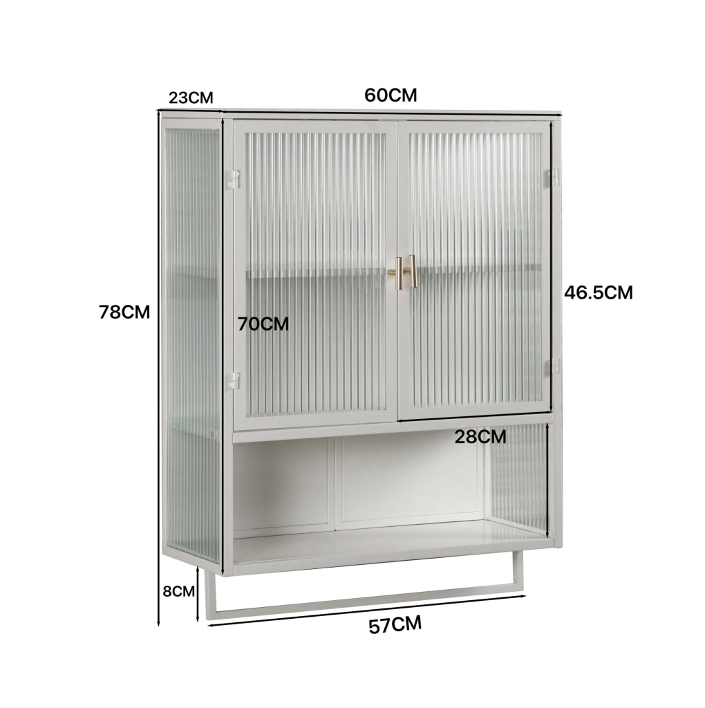 Mobile pensile 60x23x78 cm bianco metallo e vetro, 2 ante e portasciugamani