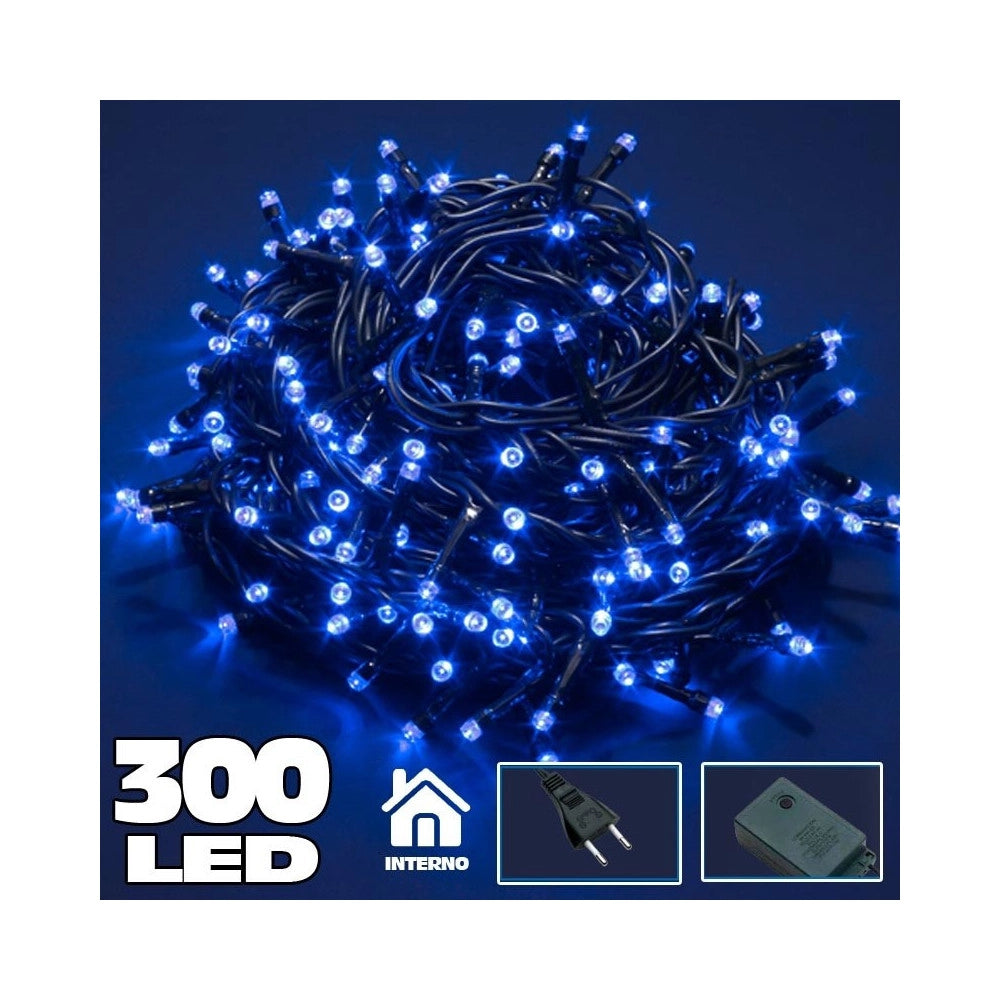 Trade Shop - Catena Luminosa 300 Luci Led Lucciole Blu Con Controller 8 Funzioni Interno -