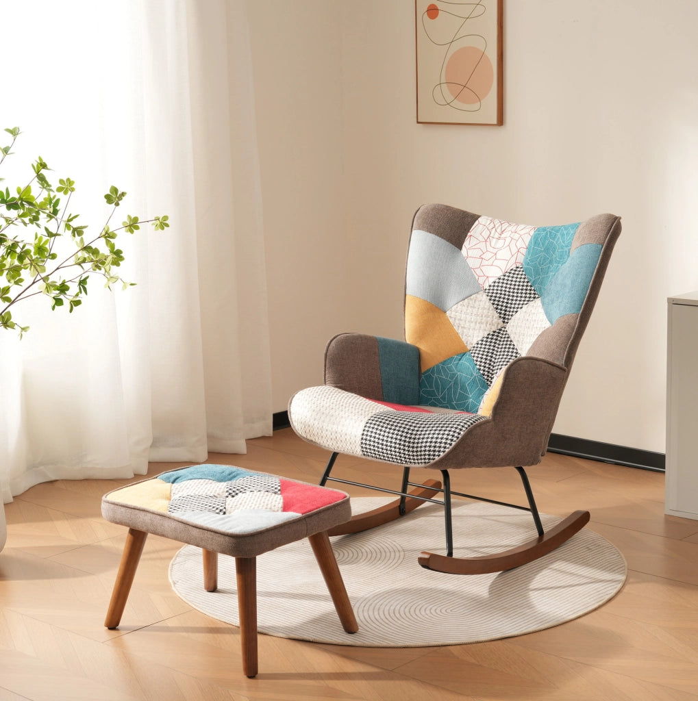 Sedia a dondolo con pouf patchwork, 69,5x50x88,5 cm, multicolore