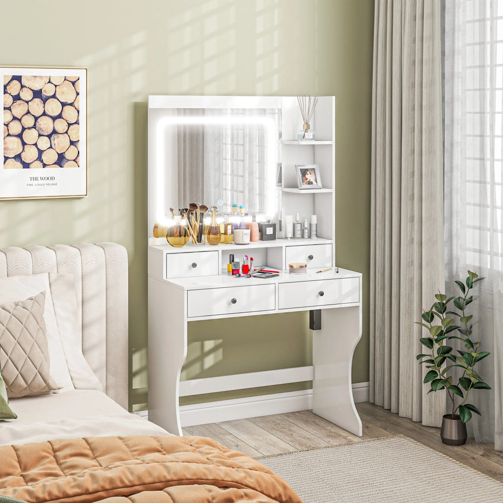 Toeletta da Trucco con Specchio Luci LED 3 Tonalità, Prese USB, 4 Cassetti e Mensole, Design Moderno, 90x45x160cm, Bianco