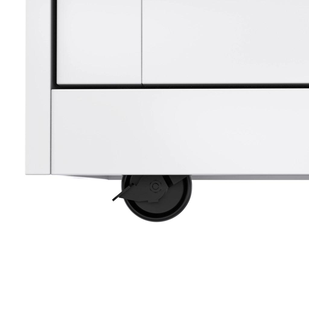 Carrello da cucina con piano ribaltabile quattro ante due cassetti e ruote bianco e naturale