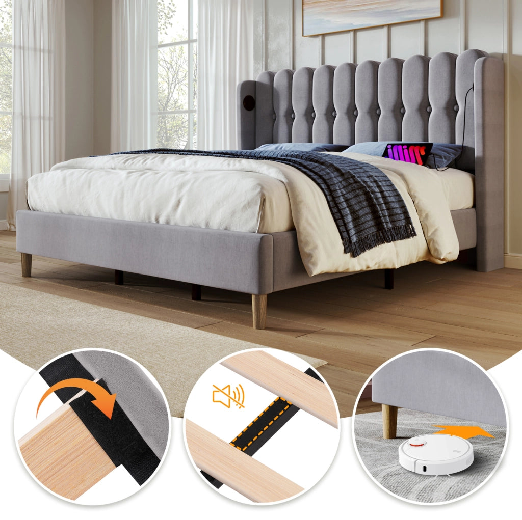 Letto imbottito 140x200 cm in lino grigio con USB e Type-C