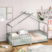 Letto per bambini a casetta 90 × 200 cm con rete a doghe in legno grigio chiaro con recinto di sicurezza