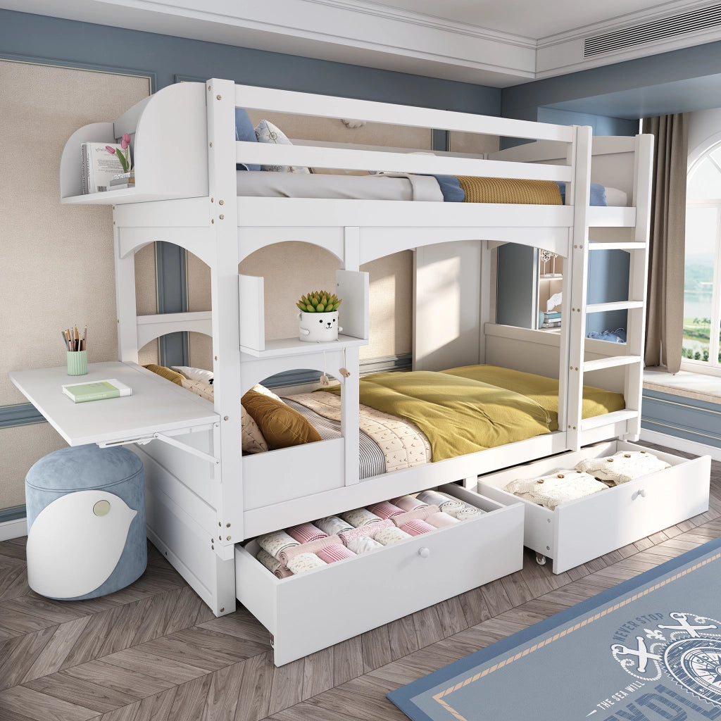 Letto a castello 90x200 cm con cassetti, scala, scrivania integrata in legno massello bianco