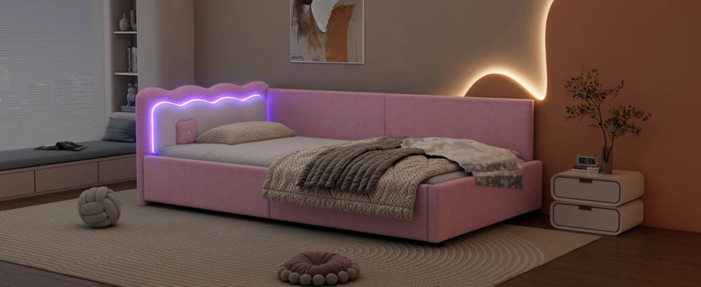 Letto singolo daybed 90 ¡Á 200 cm con rete a doghe LED regolabile in MDF e rivestimento rosa