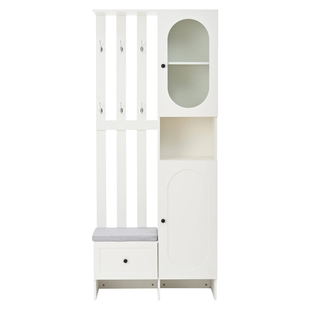 Guardaroba da ingresso compatto 85 x 33,5 x 200 cm con doppio armadio, ganci e panca per scarpe, bianco