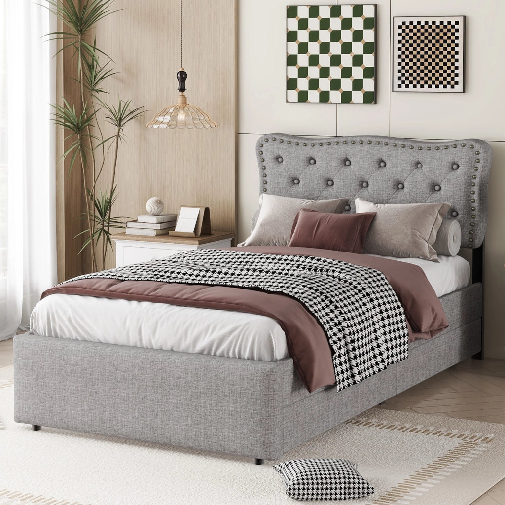 LETTO imbottito 90x200 cm con 2 cassetti in MDF e lino grigio