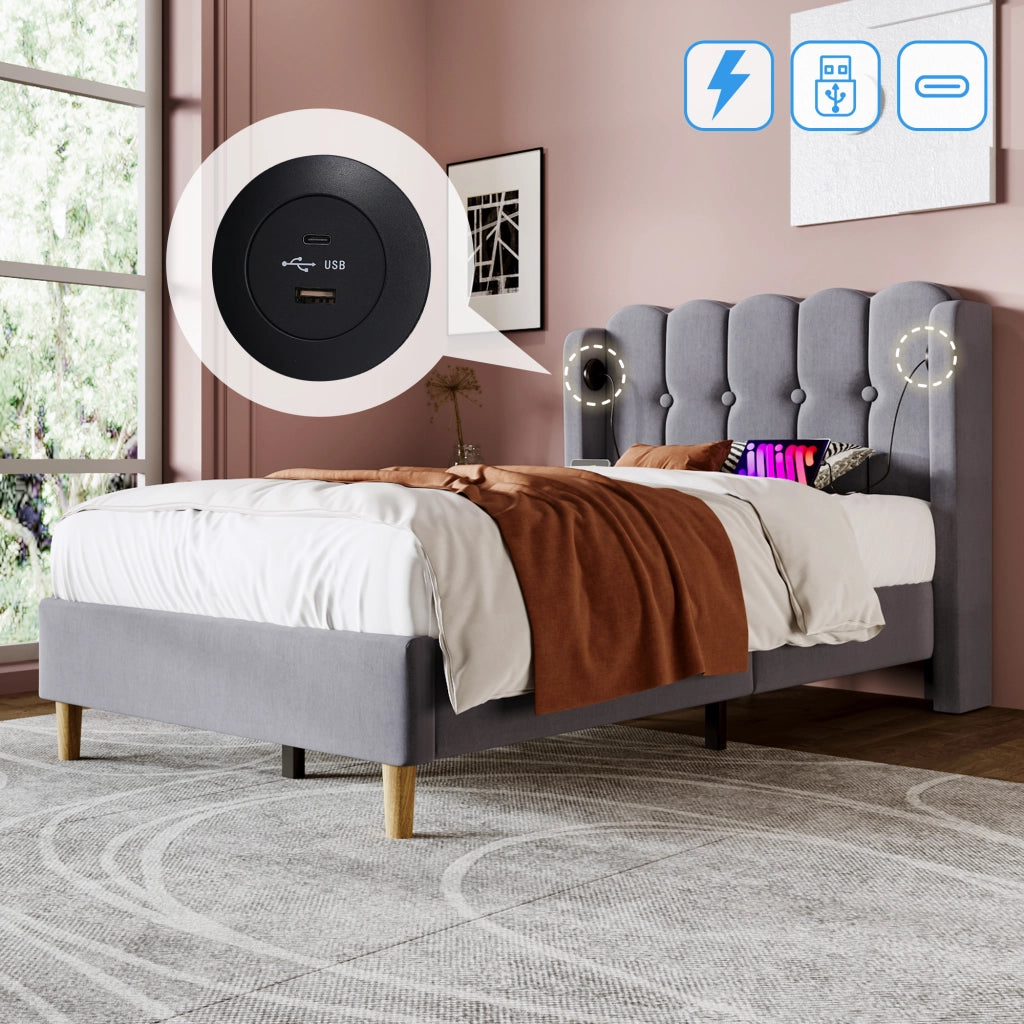 Letto singolo 90 × 200 cm con testiera imbottita; porte USB e USB-C; rivestito in lino grigio