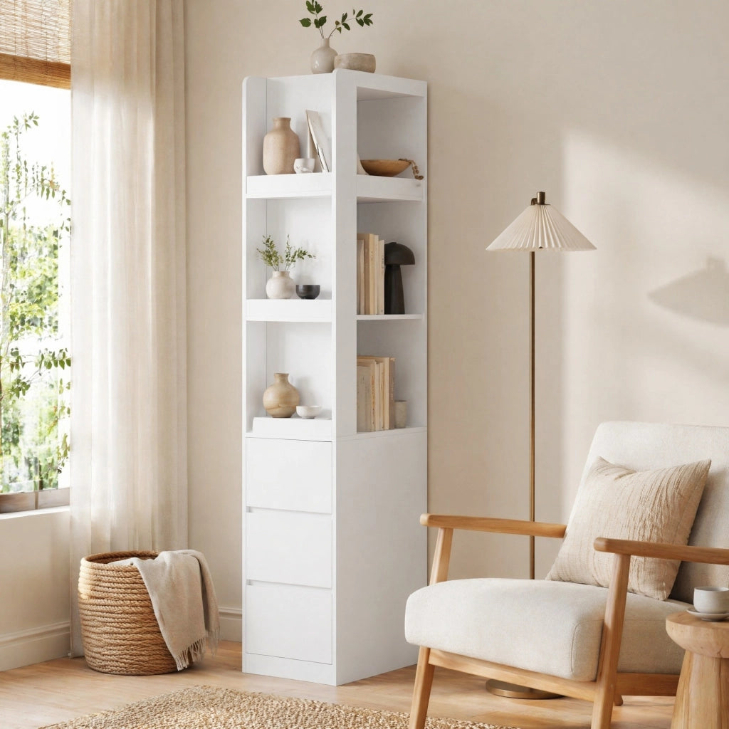 Libreria stretta bianca alta 200 cm con 3 cassetti