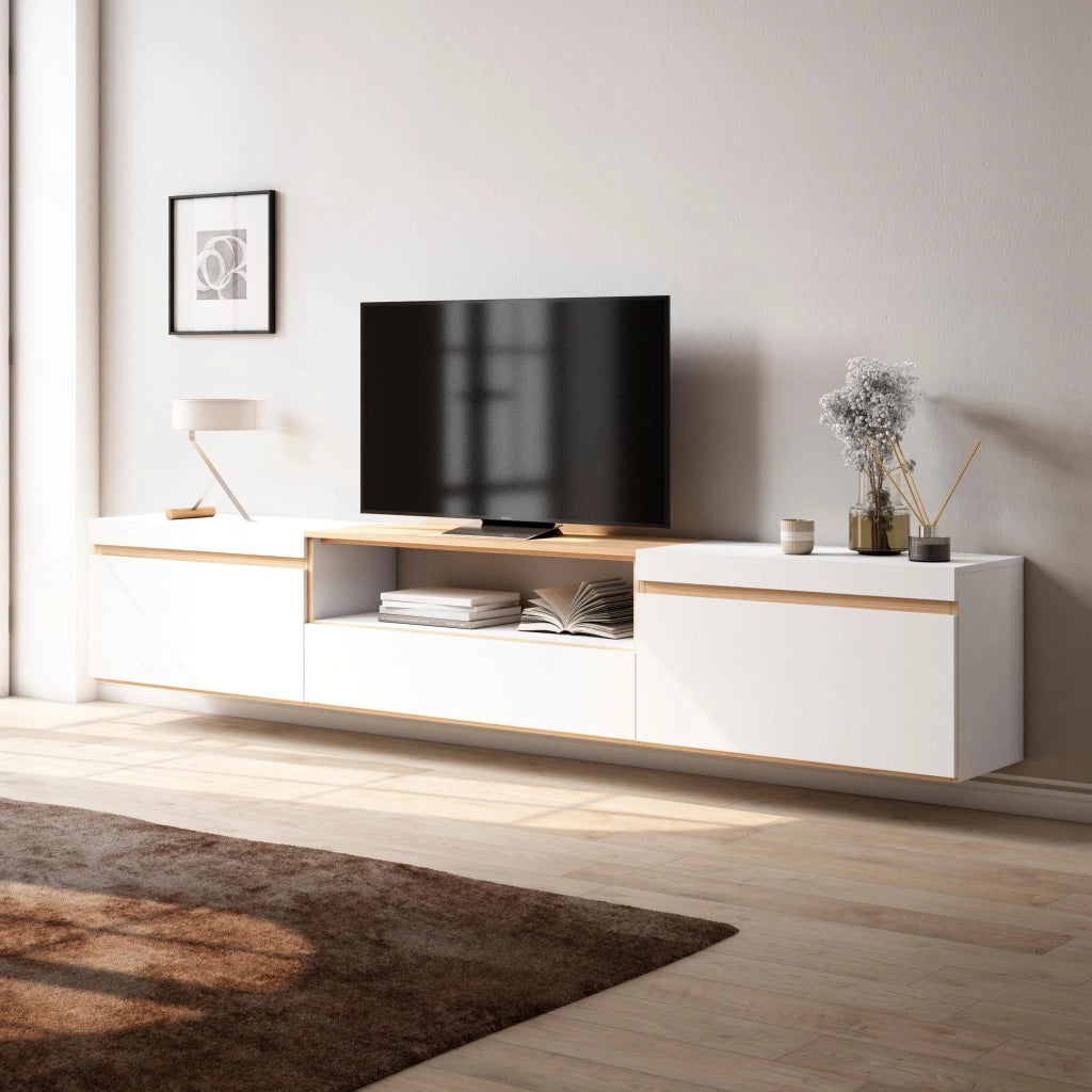 Mobile TV Soggiorno, 260x45x35cm, TV di grande formato, Sospeso, da appendere, Bianco e Rovere soft