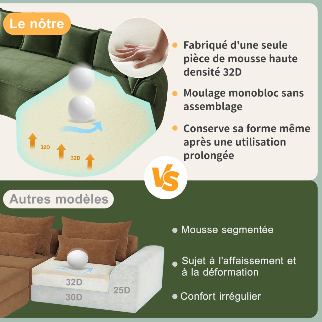 Divano modulare 4 posti ULEVR senza telaio con chaise longue profonda, braccioli larghi e cuscini, verde