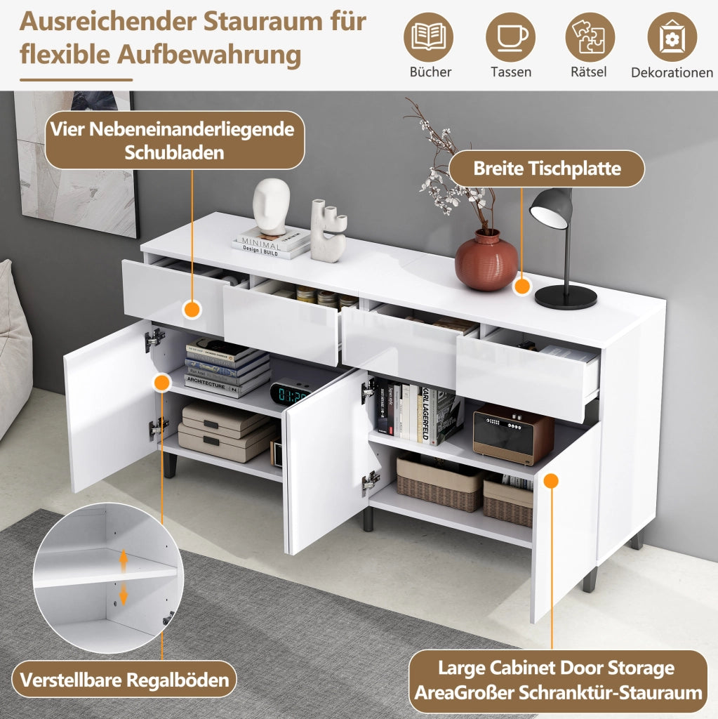 Sideboard bianco lucido con 4 cassetti e 2 ante