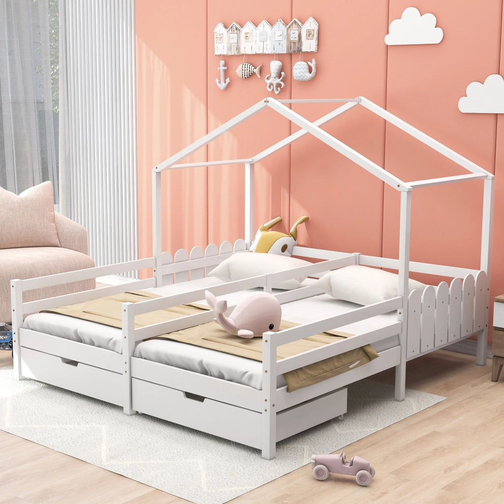 Letto a casetta 200 × 90 cm con due posti letto e 2 cassetti su ruote in legno bianco