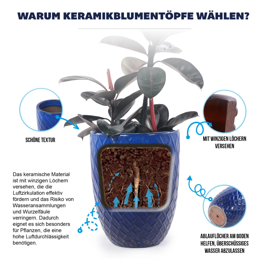 Vaso da fiori artigianale in ceramica blu navy con motivo a rombi per piante grandi da interno ed esterno 42 × 54 cm