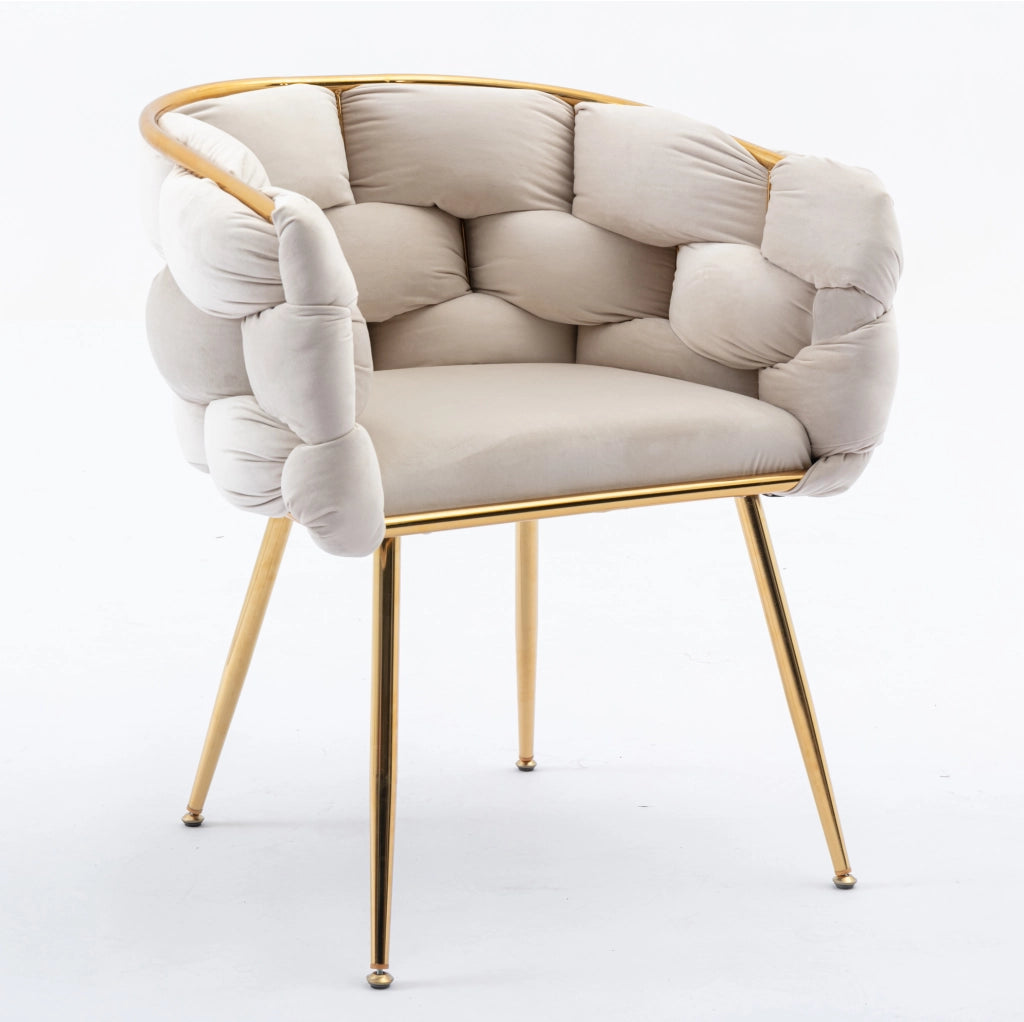 Poltrona moderna in velluto beige con gambe dorate