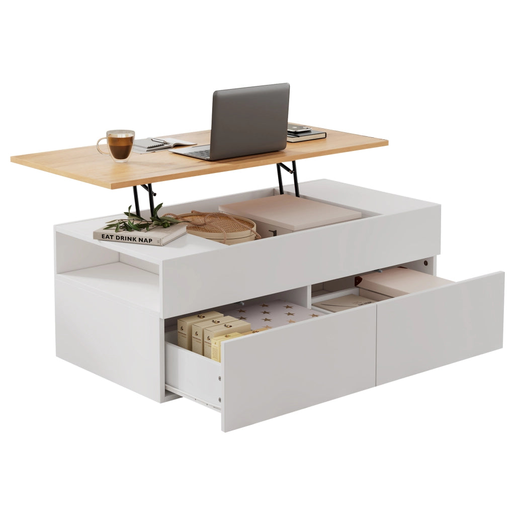 Tavolino da salotto con piano sollevabile 100x50 cm assemblabile bianco e legno