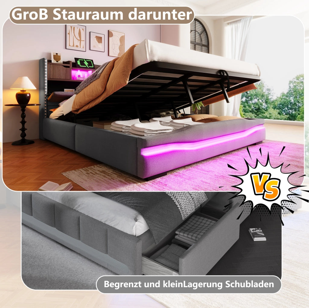 Letto imbottito 180x200 cm con contenitore idraulico, LED e prese USB, grigio