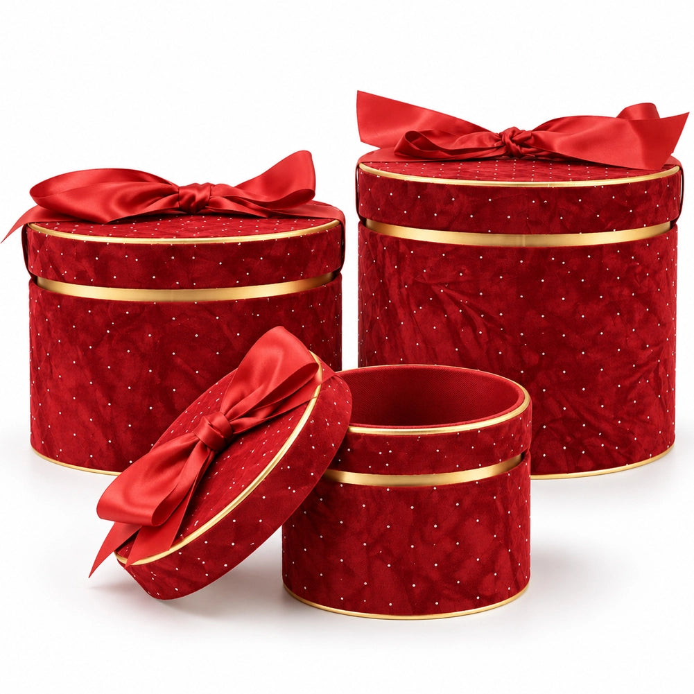 Set 3 Scatole Tonde Decorazione Natalizia Bordeaux 16/20/25cm Scatola con Fiocco