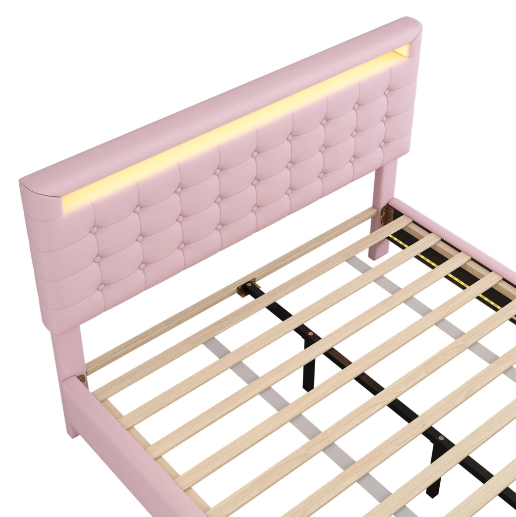 LETTO fluttuante 140x200 cm PU rosa con LED e testiera regolabile