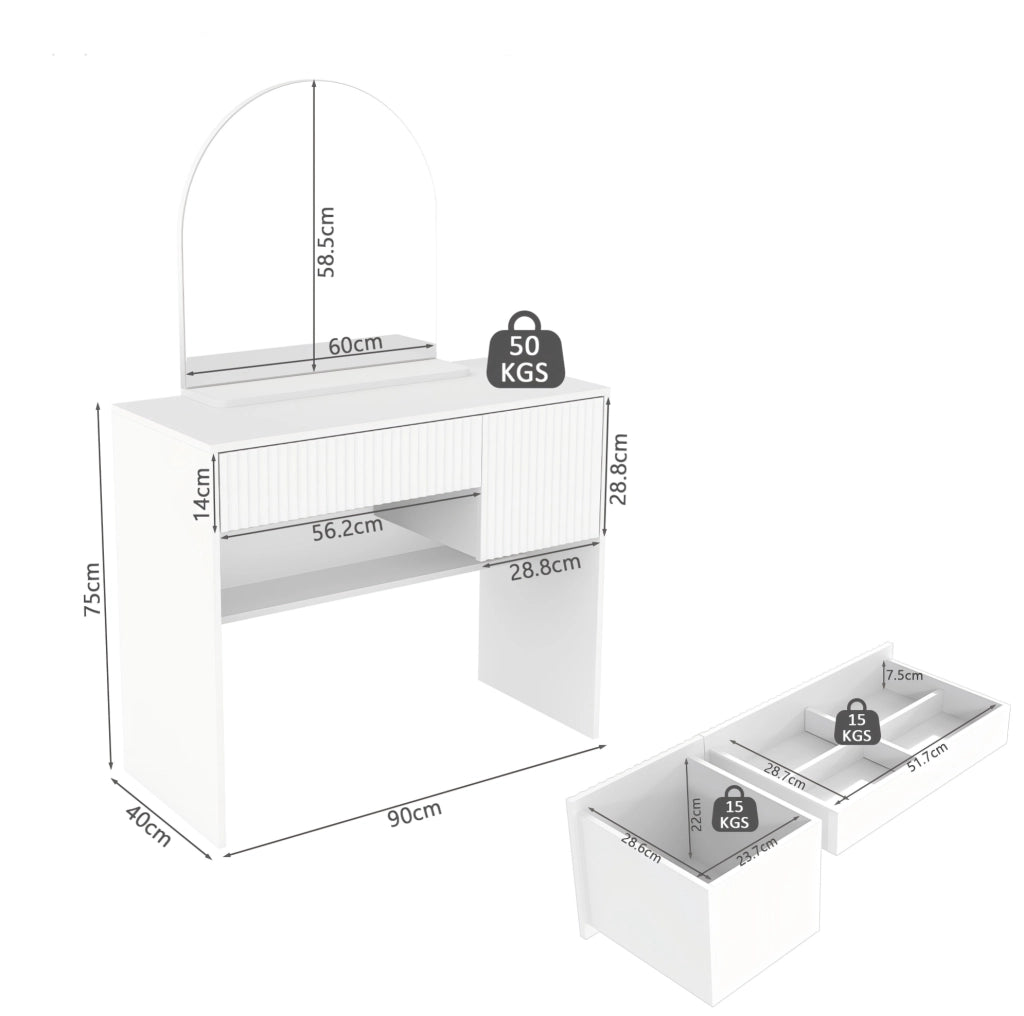 Tavolo da trucco 90x40x135 cm con specchio arcuato e 2 cassetti in MDF bianco