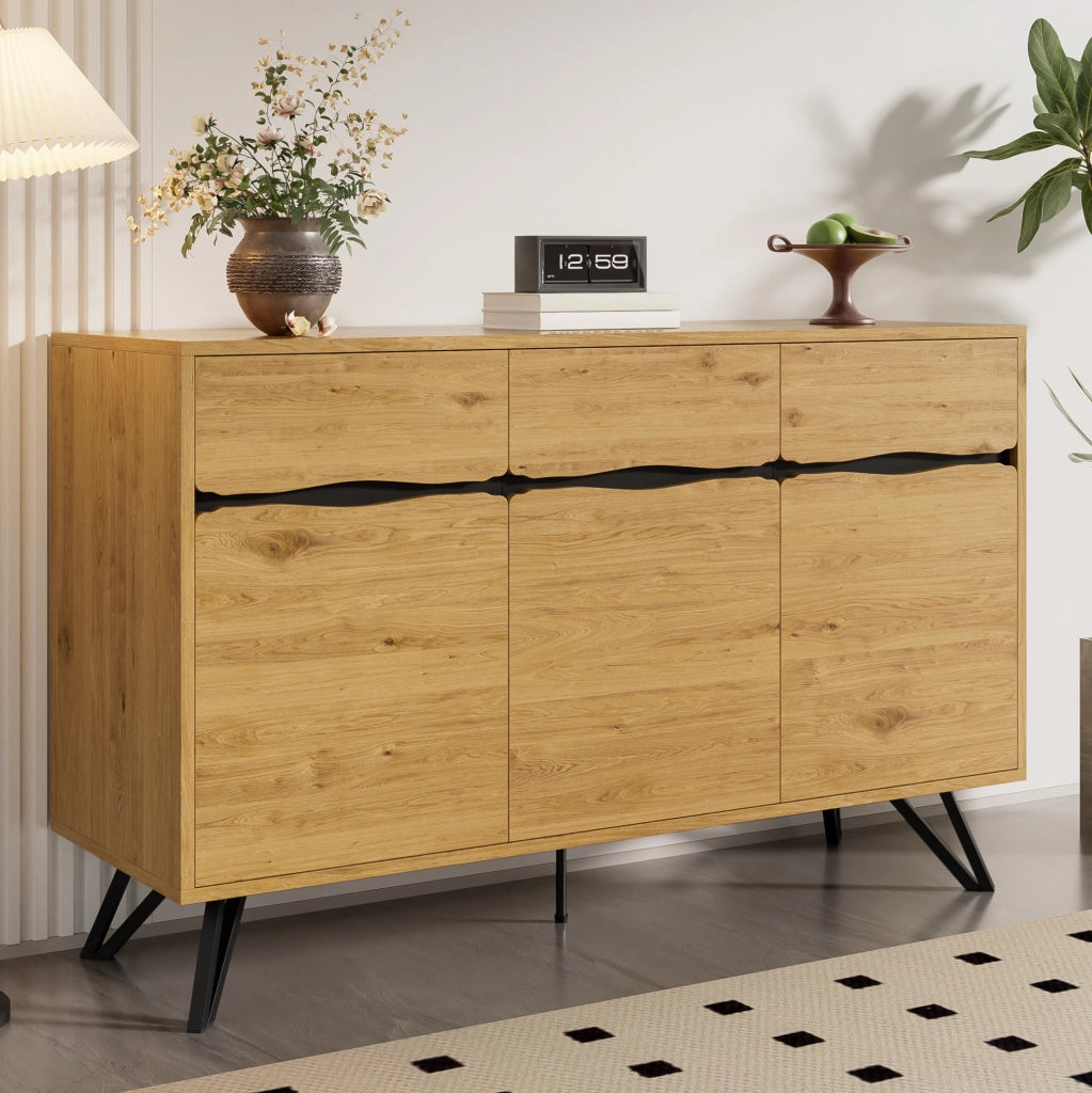 Credenza 140x40x75,5 cm nera effetto legno in truciolare, 3 ante