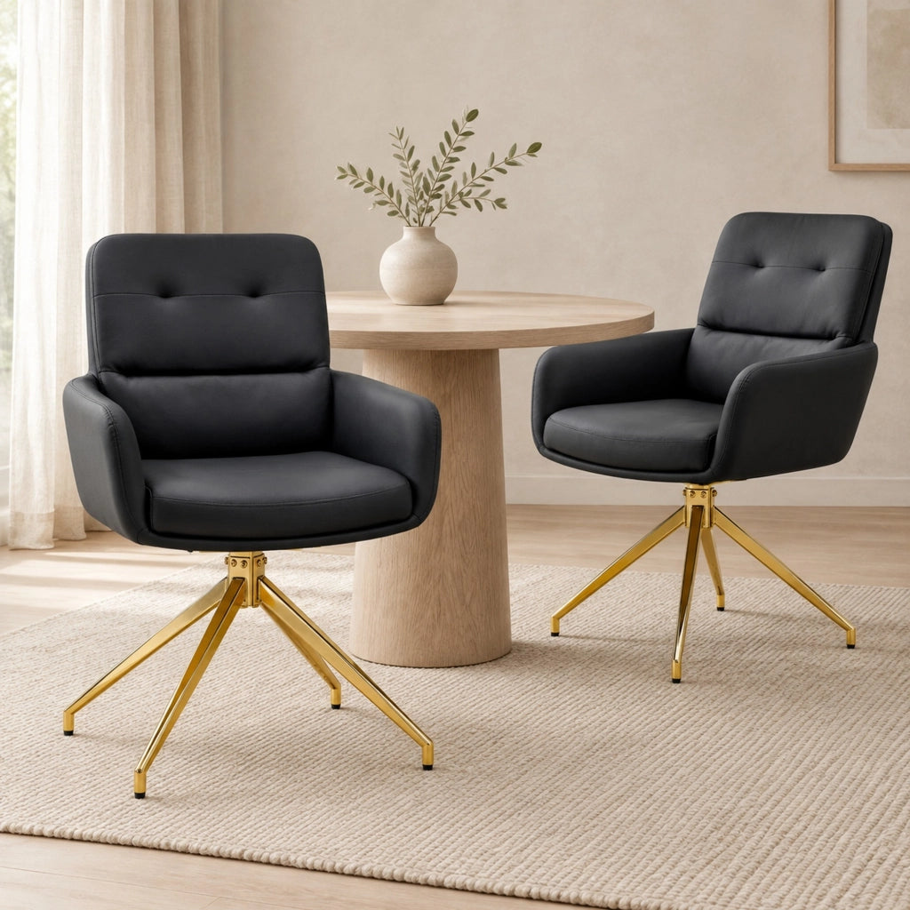 Set 2 sedie da pranzo girevoli 360° in similpelle nere con gambe dorate HOMVRA