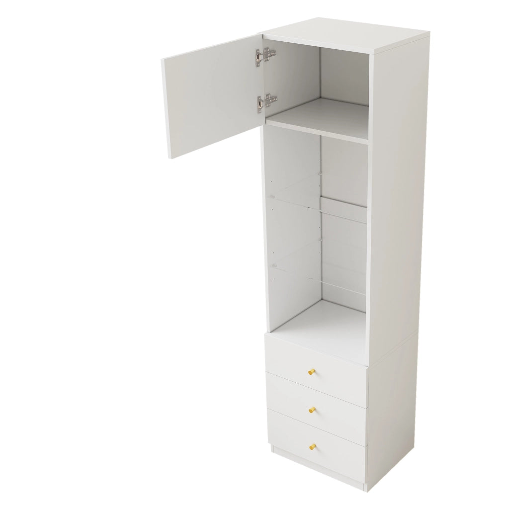 Mobiletto contenitore bianco 100×40×180 cm con ripiani in vetro regolabili e 3 cassetti
